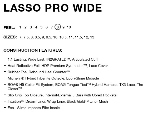 スクリーンショット 2026-05-11 200338 - SHOP NEWS | ムラサキスポーツオンラインストア 通販 Lasso Pro Wide product info card showing feel scale with 8 circled, sizes 7–13, and construction features such as 1:1 lasting, BOA system, and Eco + Slime insole.