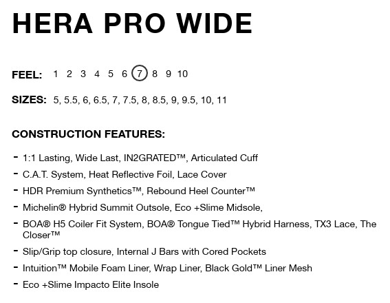HERA PRO WIDE product spec sheet showing Feel 7, available sizes (5–11), and construction features like 1:1 Last IN2GRATED, C.A.T. System, HDR Premium, BOA H5, and various liners.