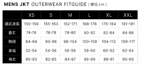 Men's outerwear fit guide: size chart from XS to XXL with height, length, chest, body width, and sleeve length in cm.