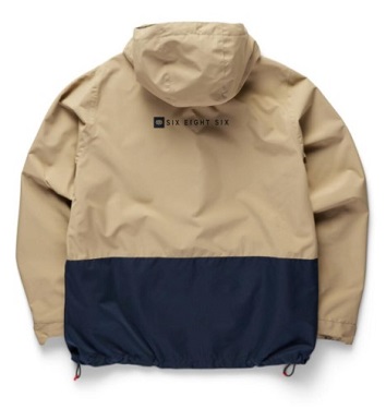 Beige and navy color-block windbreaker with hood, back view displaying small 'SIX EIGHT SIX' logo.
