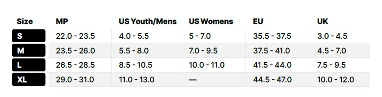 Size chart for S–XL showing MP, US Youth/Mens, US Womens, EU, and UK size ranges per size.