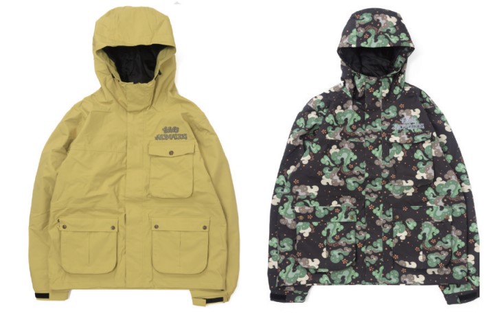 Two jackets side by side: a tan hooded parka with multiple front pockets and a chest pocket, and a black camouflage hooded jacket with green shapes.