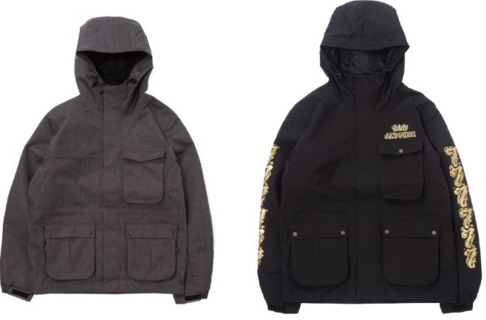 Two hooded jackets shown side by side: a gray textured coat with four front pockets and a hood, and a black hooded jacket with gold sleeve embroidery and multiple pockets on the front.