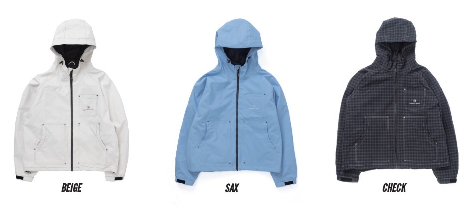 Three hooded jackets in a row: beige, light blue (SAX), and dark checkered print (CHECK). Each jacket features front zip, multiple pockets, and adjustable cuffs.