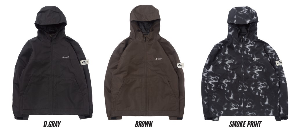 Three hooded jackets in dark gray, brown, and black smoke‑print; zip fronts and two front pockets.