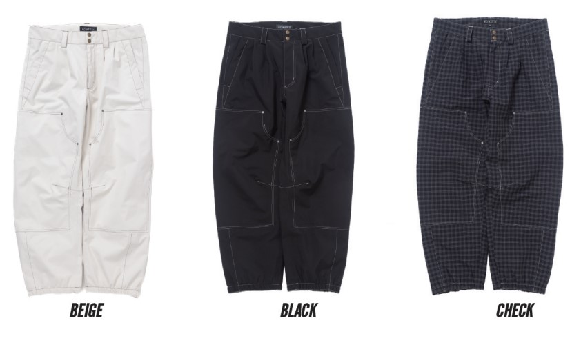 Three pairs of cropped cargo pants in beige, black, and check pattern, shown from the front side by side.