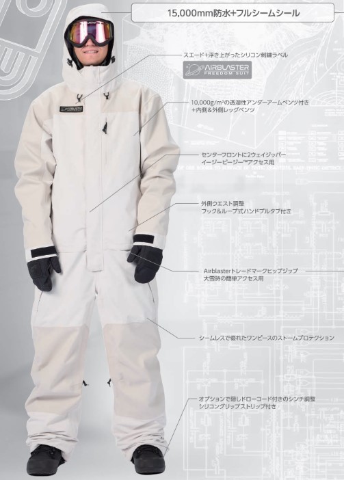 Model in a white snowboarding suit with goggles; image shows labeled features such as waterproofing (15,000mm) and sealed seams.