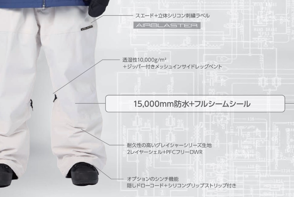 Product image of white ski pants with feature callouts: 15,000mm waterproof, full seam seal, 10,000 g/m2 breathability, 2-layer shell, PFC-free DWR, and optional cinch with hidden drawcord and silicon grip strip.