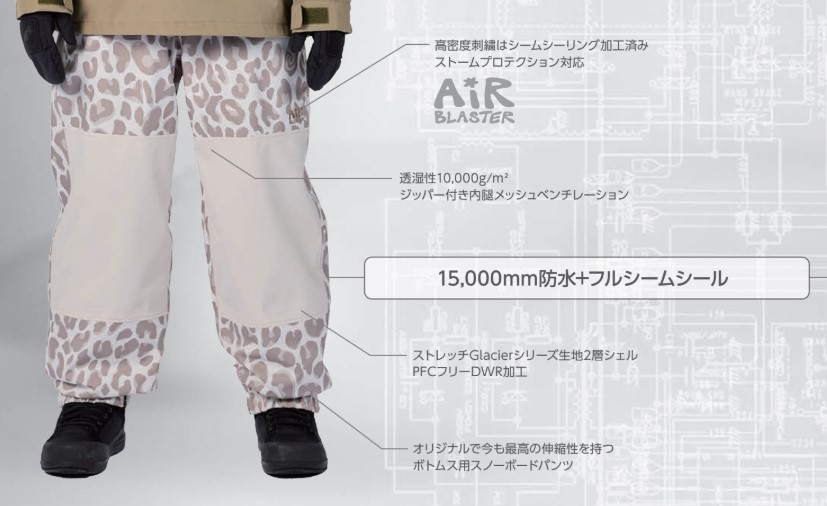Snow pants with leopard-print panels and reinforced knees; annotated with 15,000mm waterproofing and breathability features.
