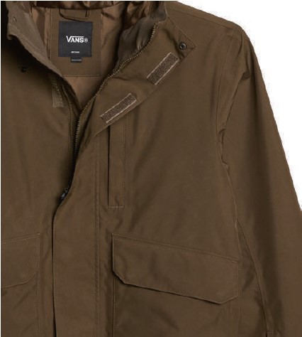 Brown Vans jacket with zipper, Velcro tabs, and large front pockets for utility storage.