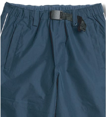 Navy blue waterproof pants with an elastic waistband and detachable belt, showing front pockets.