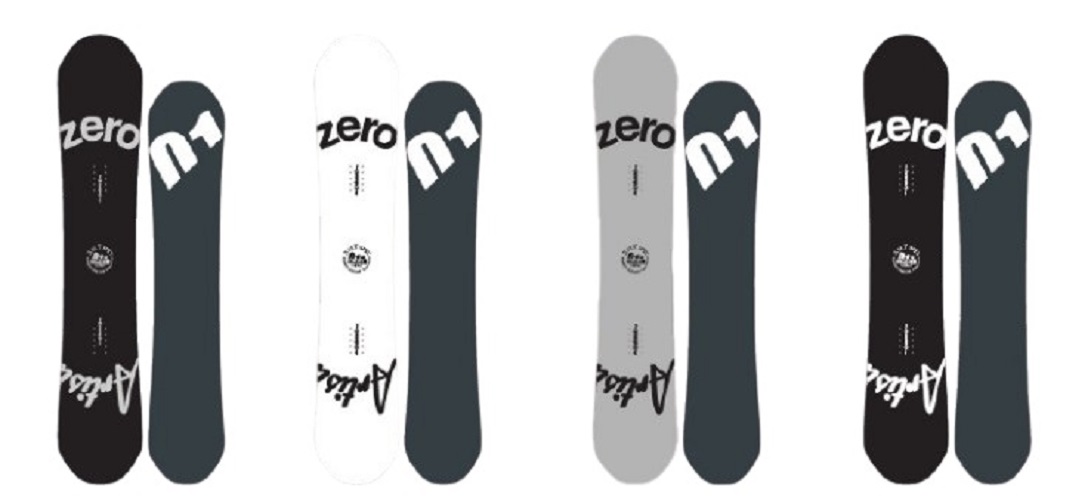 スクリーンショット_2026-05-04_142135-removebg-preview - SHOP NEWS | ムラサキスポーツオンラインストア 通販 Four pairs of twin snowboards in different colorways, each pair shows a black/gray board with the'zero' logo beside a dark blue-gray board