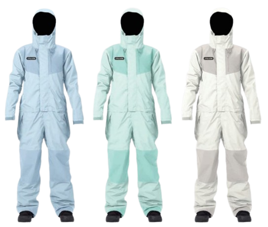 Three pastel-colored insulated jumpsuits with hoods displayed side by side.