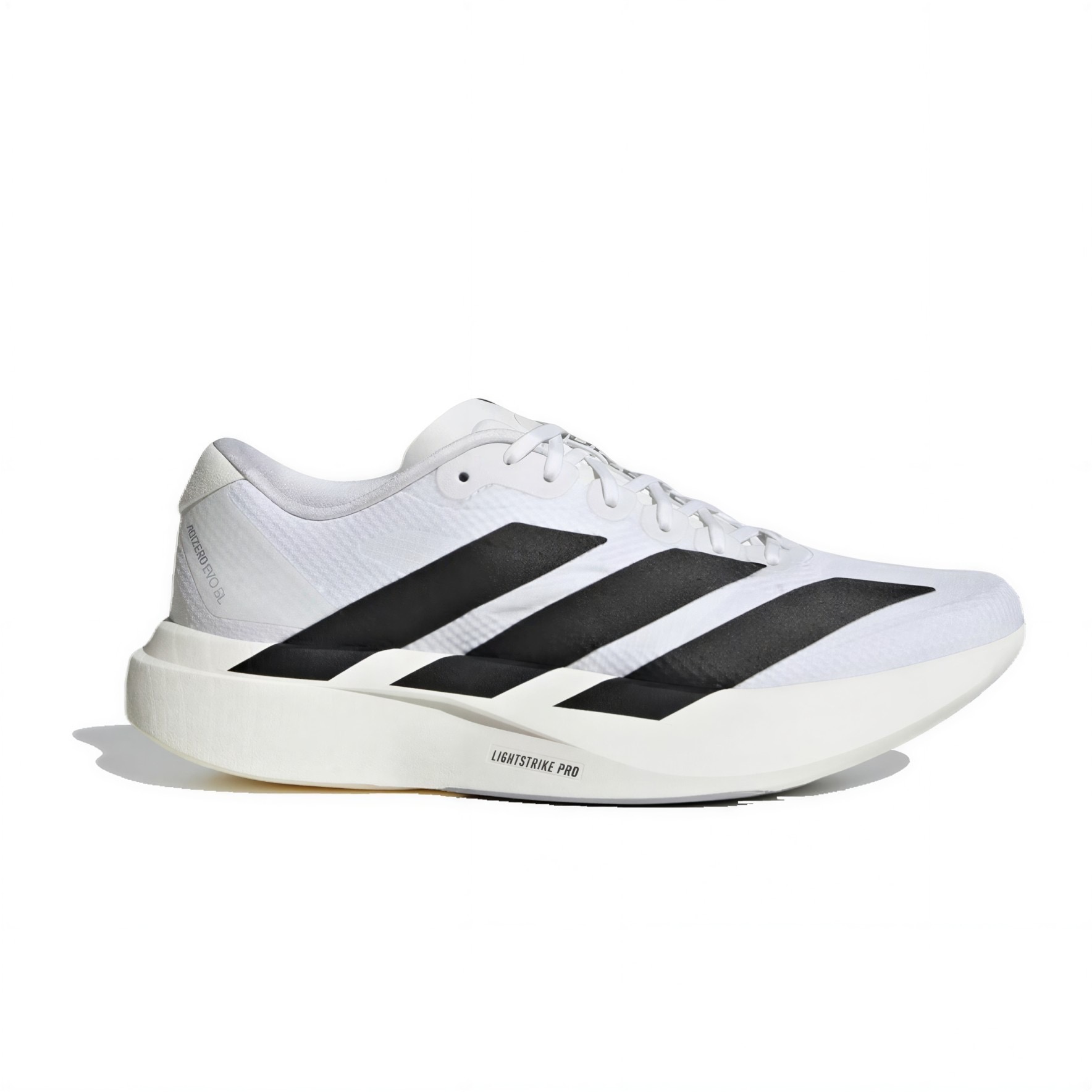 White sneakers with three bold black stripes along the side on a white background, low-cut athletic shoe