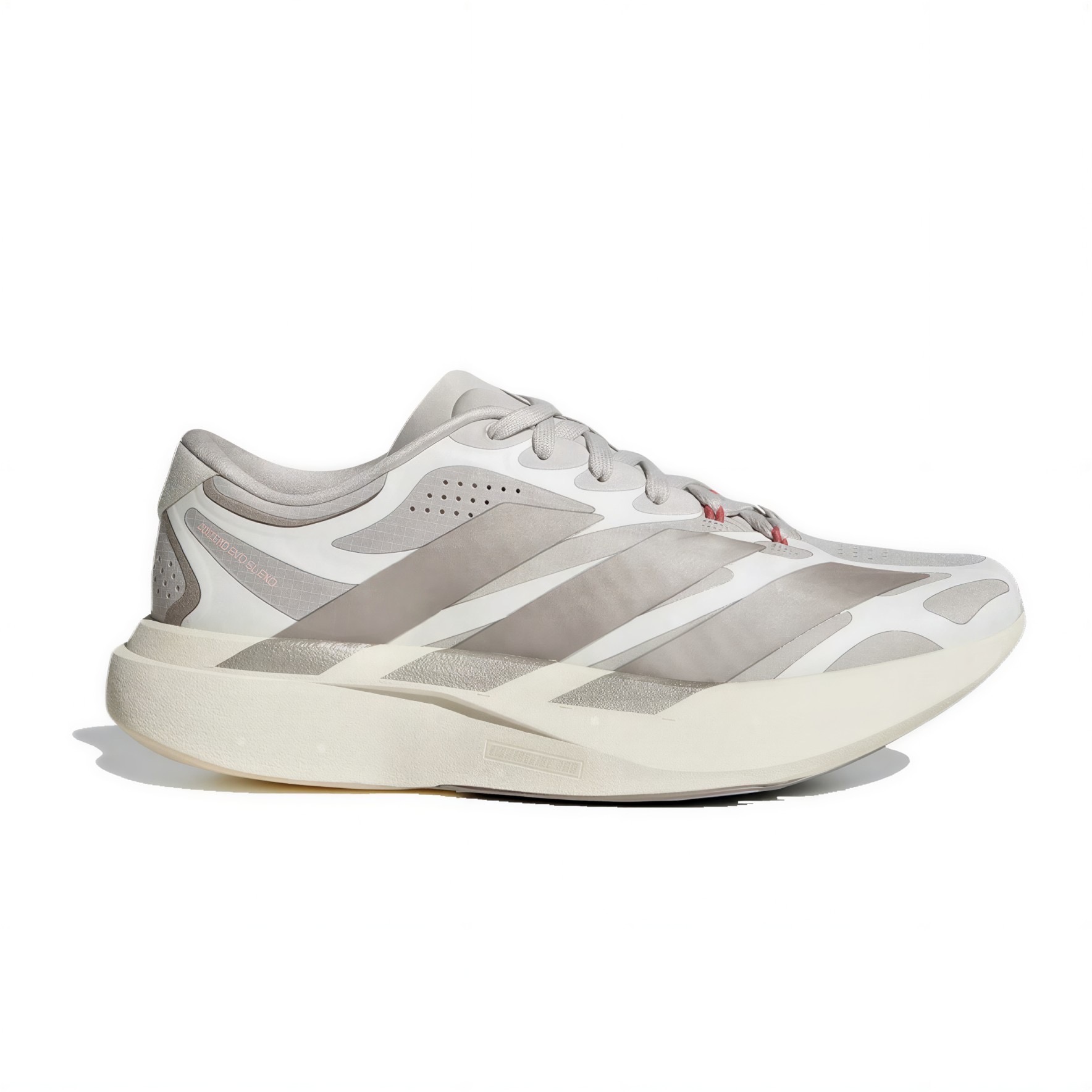 Partial view of a gray and white athletic sneaker against a white background, focusing on the midsole and side stripes.