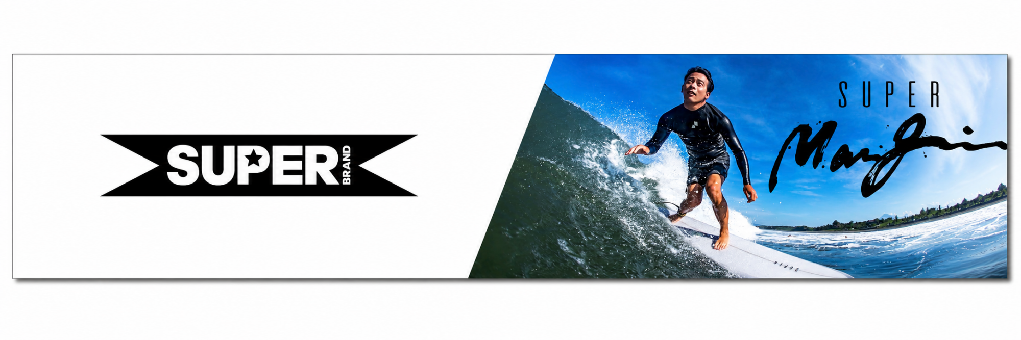 6FE1A0DC-FEBD-40B8-BBA1-AB733A84D0C3 - SHOP NEWS | ムラサキスポーツオンラインストア 通販 Wide banner ad showing a surfer on a cresting wave with bold 'SUPER' branding on the left and a large script signature on the right.