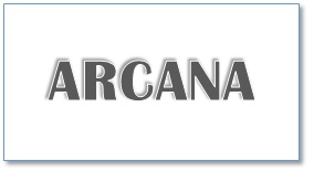 ARCANA brand wordmark in bold gray lettering on a white card with a subtle shadow.