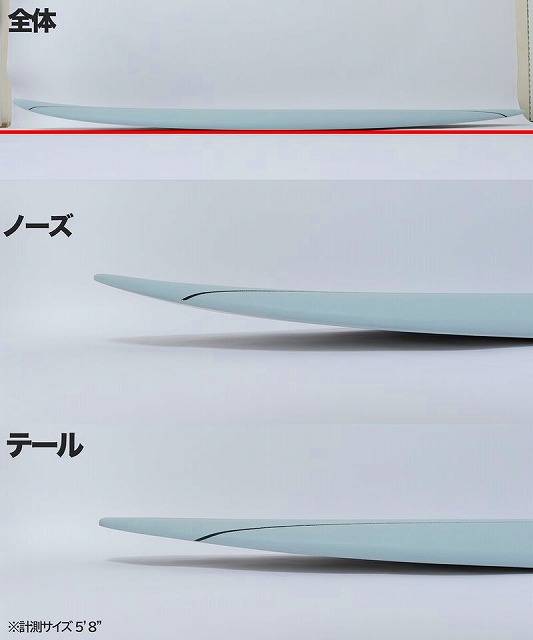 Top panel shows the full light-blue blade with the label 全体; middle panel highlights the nose labeled ノーズ; bottom panel highlights the tail labeled テール; small caption bottom left reads ※計測サイズ5'8" indicating measurement size.