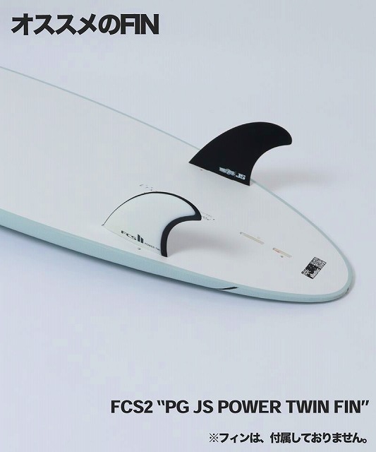Surfboard tail with two fins (black large and white small) labeled 'FCS2 PG JS POWER TWIN FIN' and Japanese text 'おすすめのFIN'.