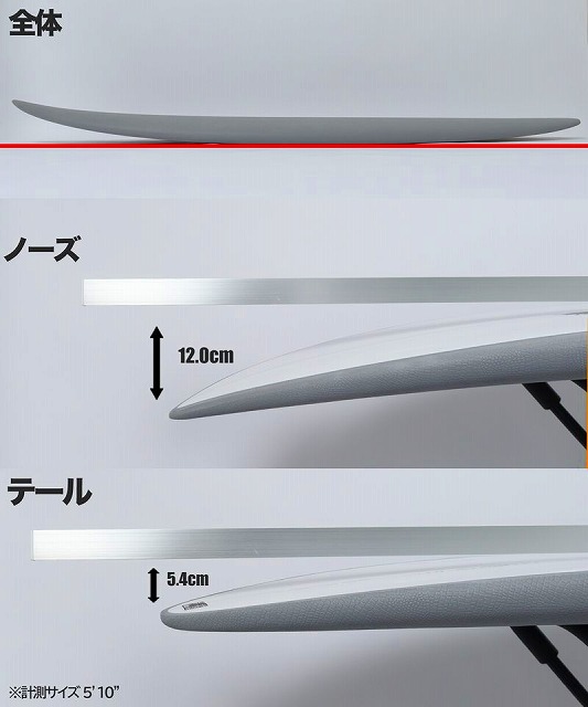 サーフボードの寸法ガイド。全体図とノーズが12.0cm、テールが5.4cmの厚さを示す。サイズは5'10"。