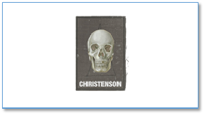 Dark book or plaque cover with a skull illustration and the word CHRISTENSON beneath