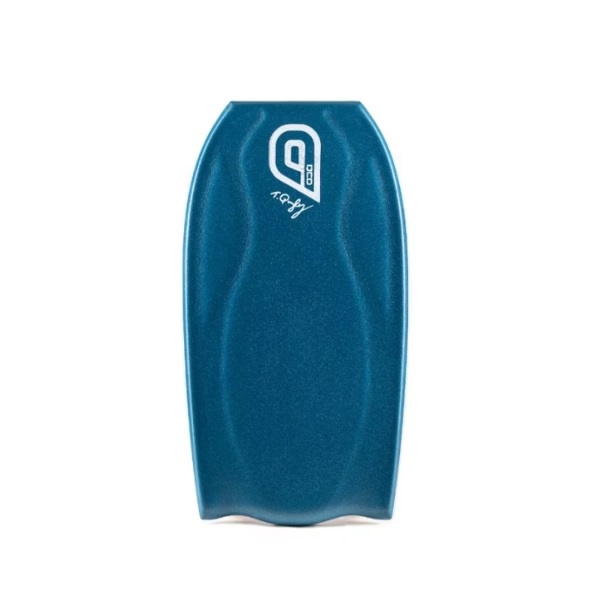 Blue bodyboard with a white logo on a white background, standing upright.