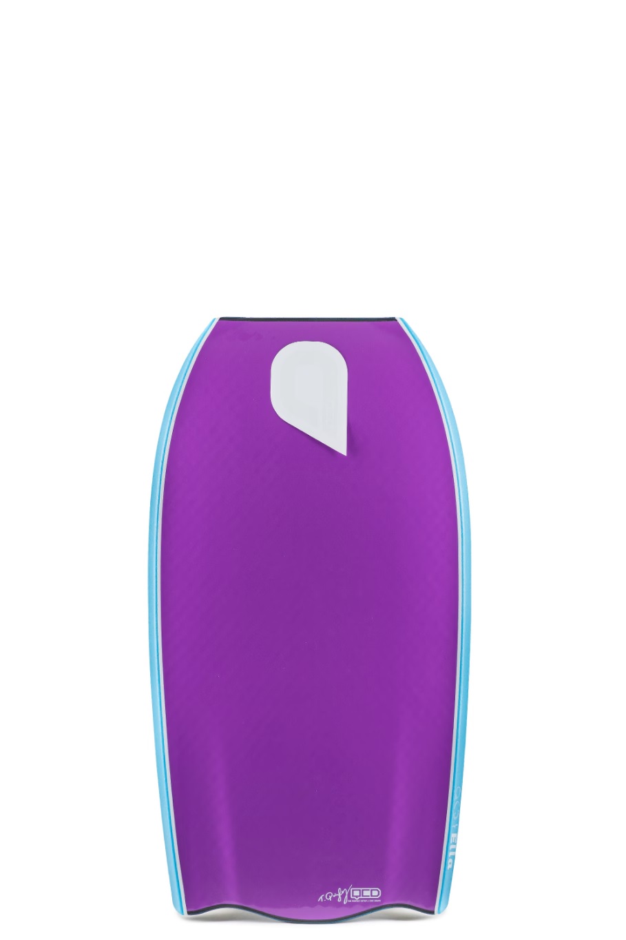 Purple bodyboard with light blue rails and a white nose leash plug on a white background (informative product shot).