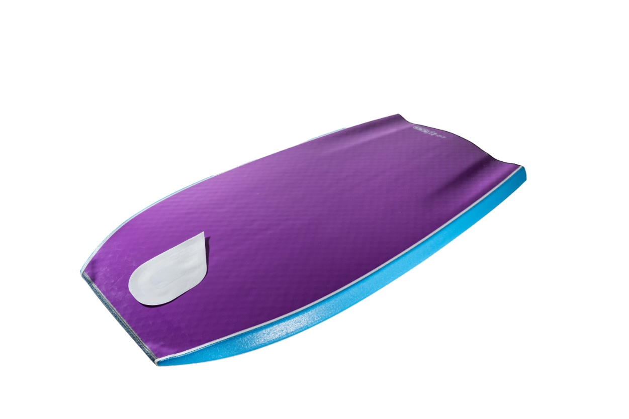 Purple bodyboard with a blue edge on a white background