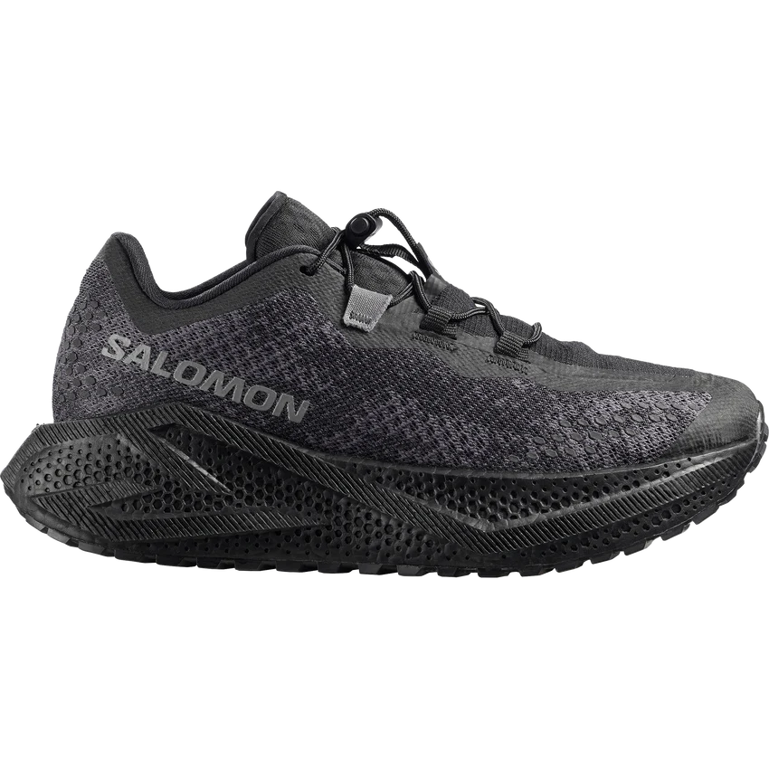 L49175100_0_GHO_AEROGLIDE4GRVLWBlack_Asphalt_Blackpng - SHOP NEWS | ムラサキスポーツオンラインストア 通販 Black Salomon trail running shoe with a knit upper and chunky textured outsole