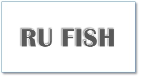 Logo displaying the words'RU FISH' in bold gray 3D letters on white background.