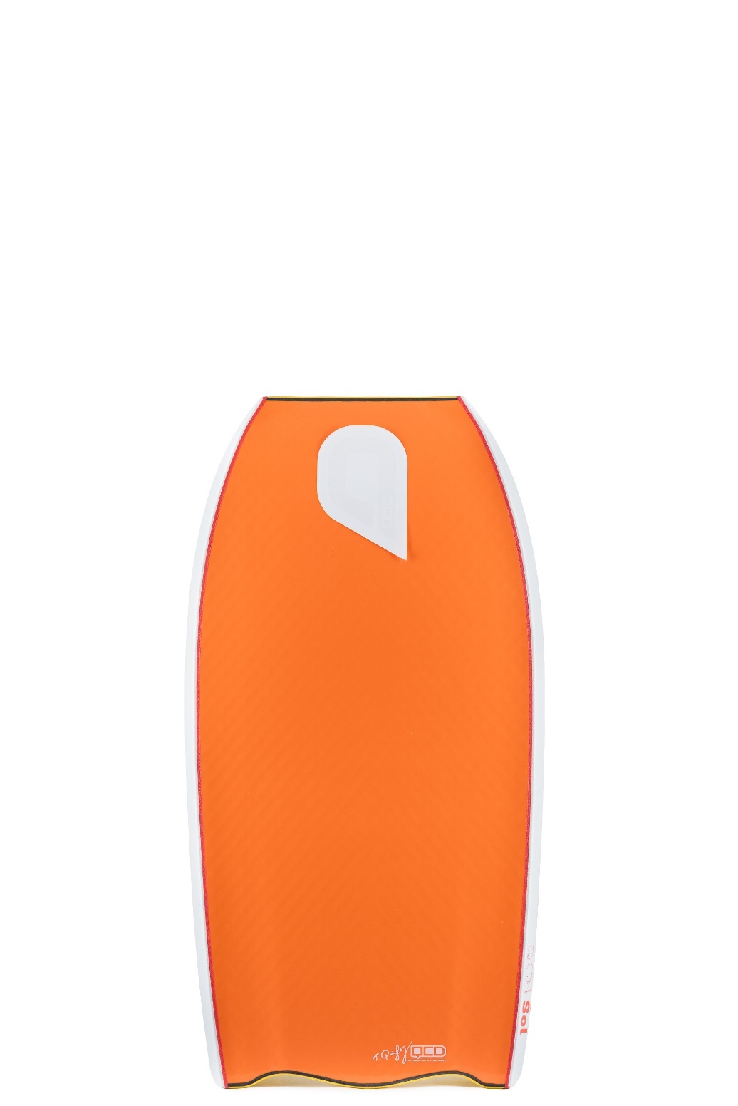 Top view of an orange wakeboard with a white traction pad toward the nose and white edging against a white background/scene.