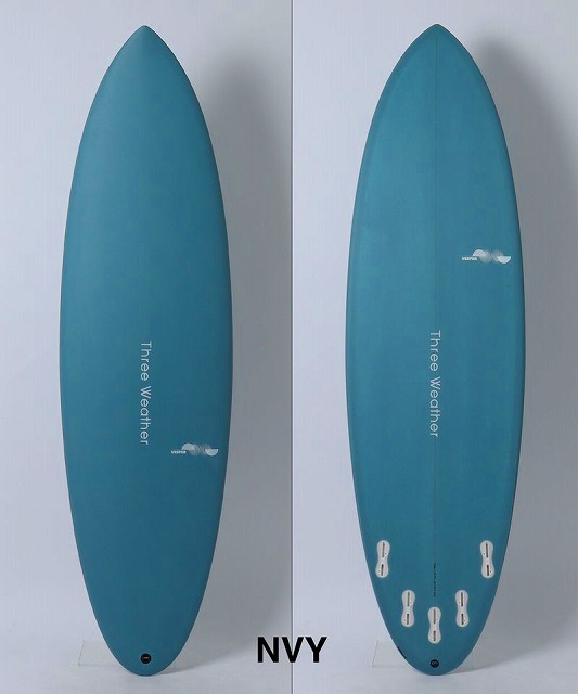Side-by-side blue teal surfboard images: left shows the deck with 'Three Weather' text; right shows the underside with multiple white fin boxes and NVY at the bottom.