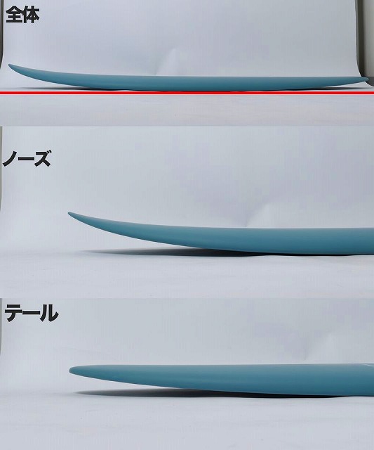 Blue surfboard laid flat on white surfaces, shown in three labeled sections: overall, nose, and tail (Japanese labels).