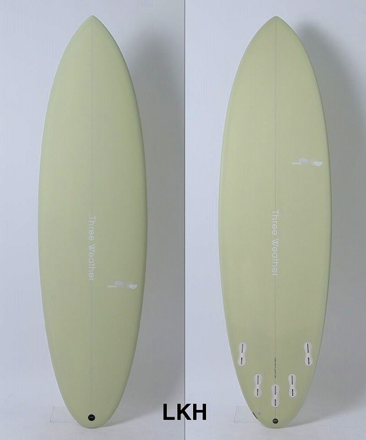 Two pale-green surfboards shown side by side: deck view on the left and bottom view with fin boxes on the right; small 'Three Weather' logo along the stringer.