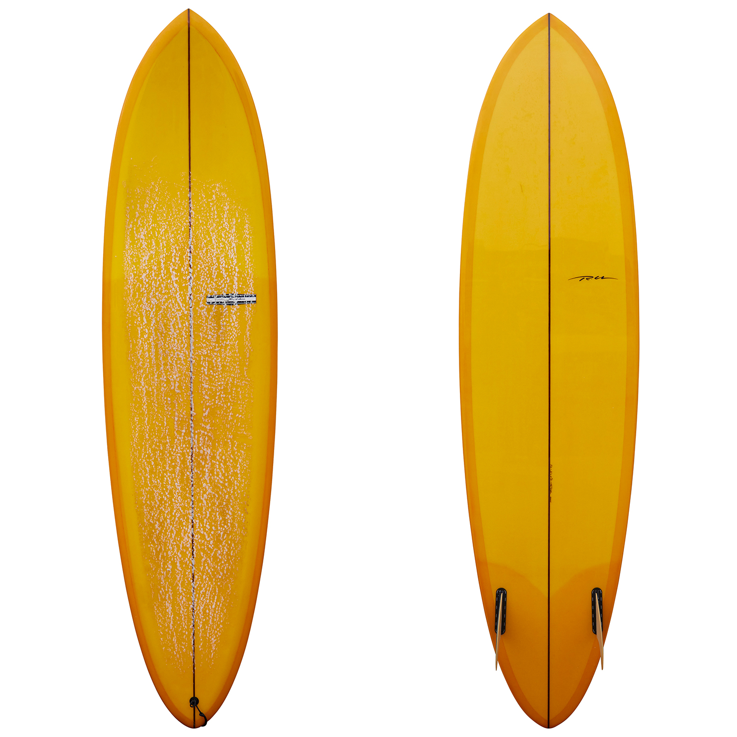 Two yellow surfboards standing upright against a white background; one has wax on its deck.