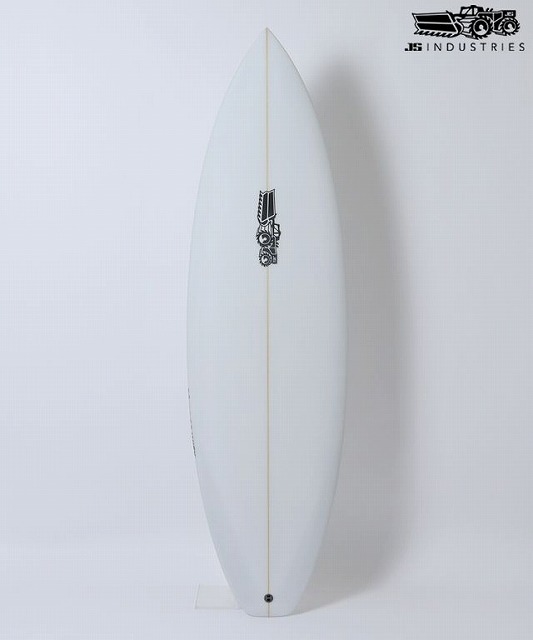 b-bX71MQ4g - SHOP NEWS | ムラサキスポーツオンラインストア 通販 White surfboard standing upright with a tan stringer and the JS Industries logo in the center area against a light background.