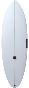 Top view of a light gray surfboard with a centered stringer and a leash plug at the tail.