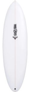 White surfboard with a central red stringer and a black tribal logo sticker midboard on a plain background