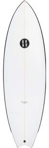 White surfboard with a central wood stringer, pointed nose and rounded tail, featuring a small black circular logo midboard.