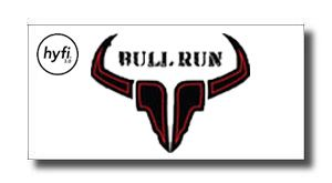 Logo with stylized black and red bull horns and the words BULL RUN above; small hyfi logo to the left.