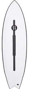 Stand-up paddleboard (white) with a black adjustable paddle laid along the center of the board.