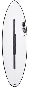 White surfboard featuring a long dark center deck pad and a small logo on the upper right.