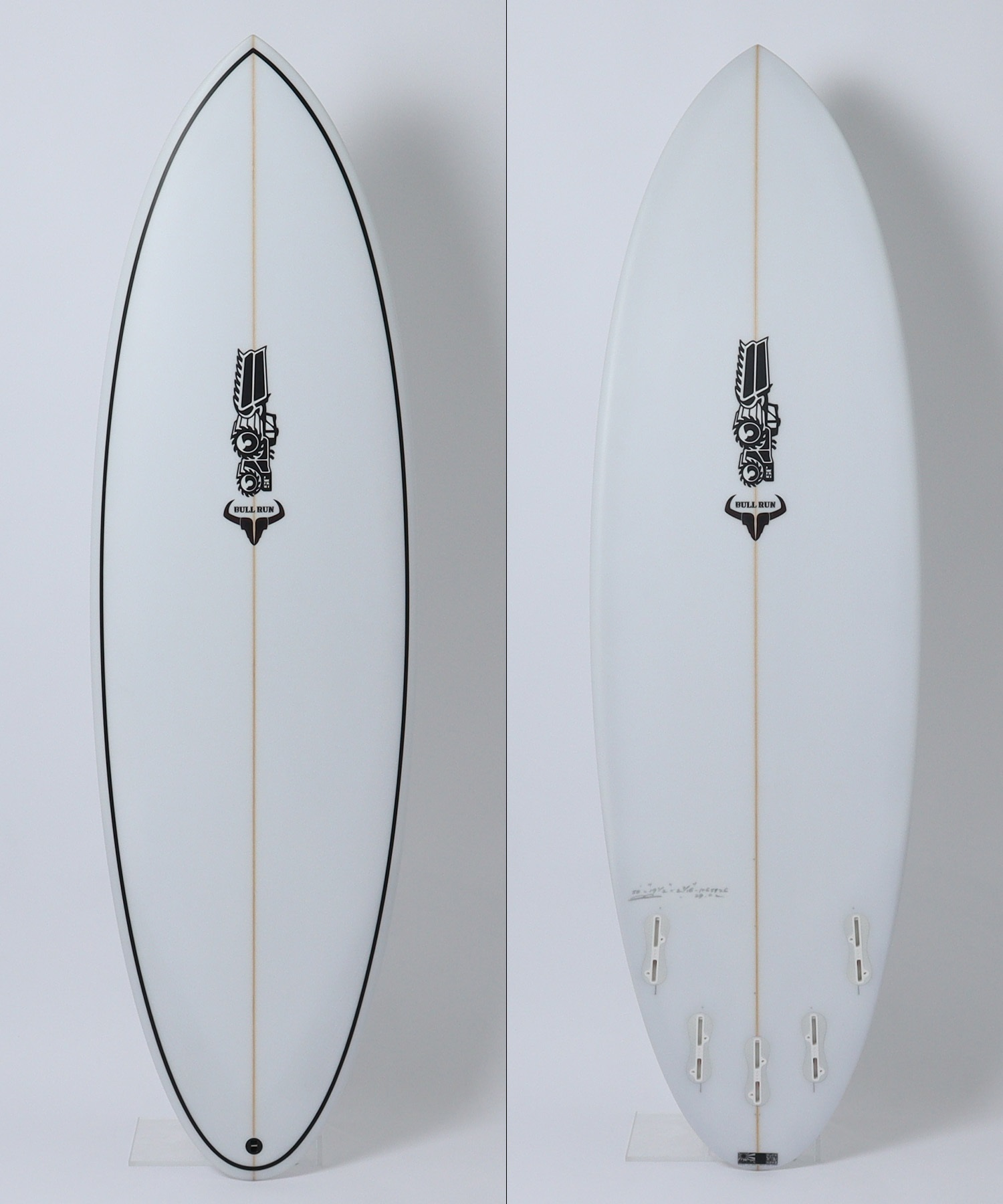 Front view of a white surfboard with a beige center stringer, black rail line along the edge, and a small logo near the center reading 'Bull Run' on a light gray background; single fin plug at the tail area (left panel).