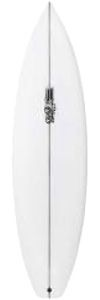 Top view of a white surfboard with a central stringer and a small leash plug midway along the board