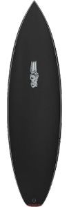 Black surfboard with a small white logo in the center and a rounded tail edge.