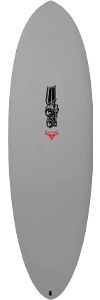 Gray longboard-style surfboard with a small black vertical logo and a tiny red emblem near the center.