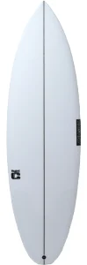 White surfboard, top view, with a centered stringer running lengthwise and a small logo toward the tail.