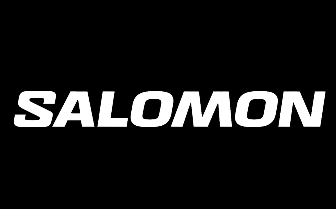Salomon wordmark logo in white on a black background on a plain backdropa0