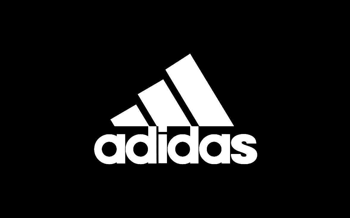 White Adidas logo with three diagonal stripes above the brand name on a black background (brand mark)