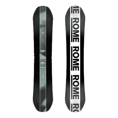 Two Rome snowboards standing vertical: left is black with subtle gray stripes, right is white with bold 'ROME' logos repeating down its length.